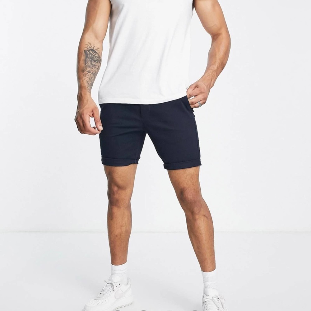 Asos Design NEW Button Fly Skinny Chino Shorts in Navy Blue 38 Waist - Picture 2 of 7